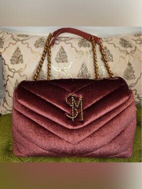 Steve Madden Quilted Velvet Shoulder Bag in Burgundy with Gold Chain
